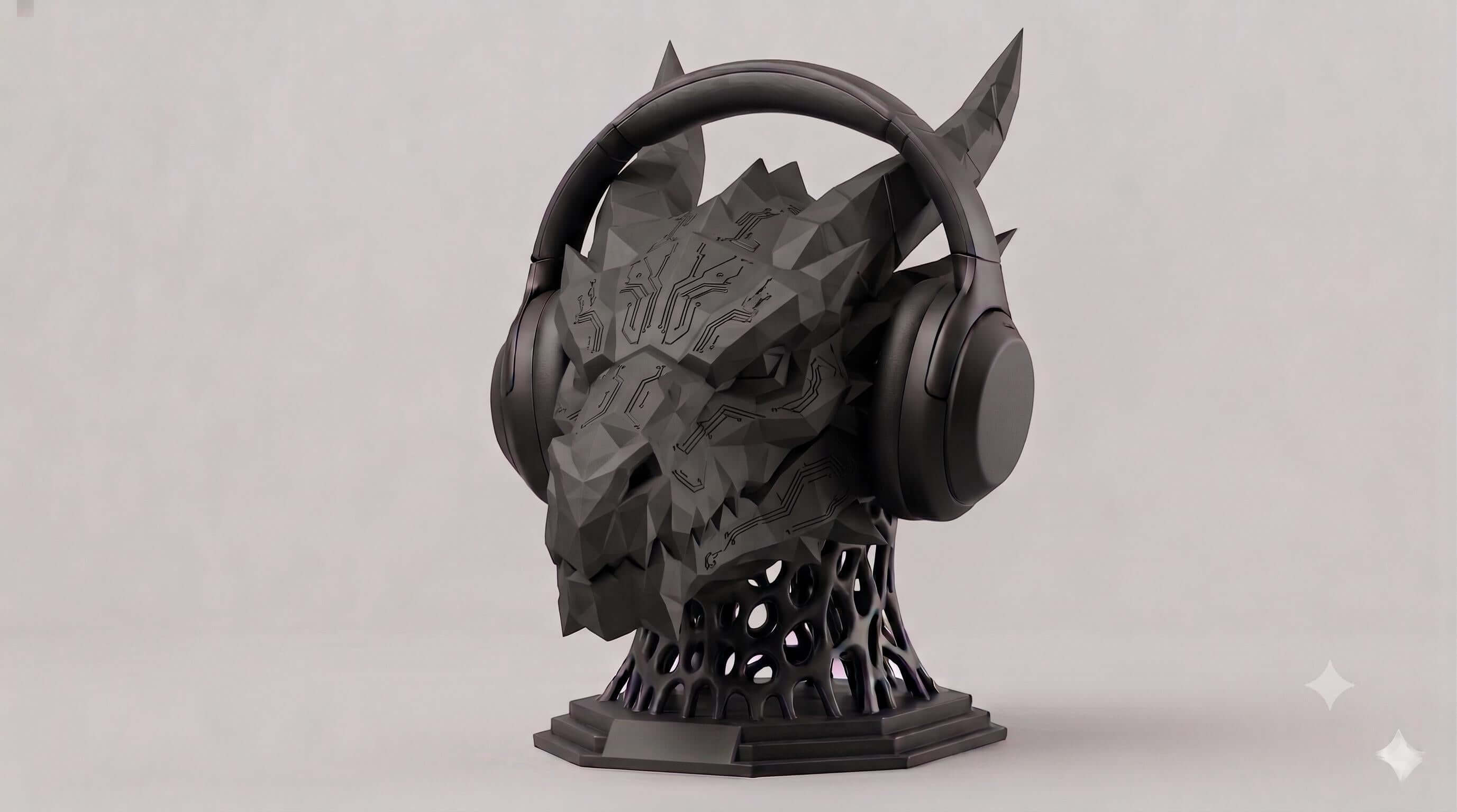 Geometric Dragon Headphone Stand – Matte Black Minimalist Edition – 3D printed headphone stand detail 4