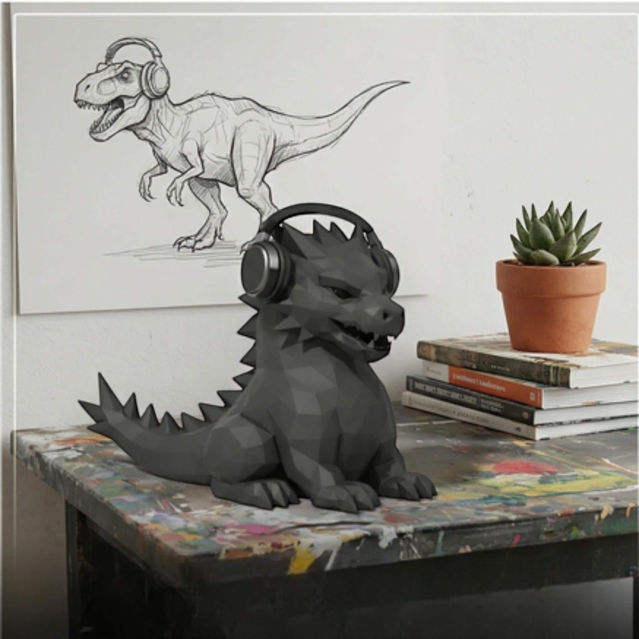 Geometric Dragon Headphone Stand – RGB-Ready Low-Poly Sculpture – 3D printed headphone stand detail 4