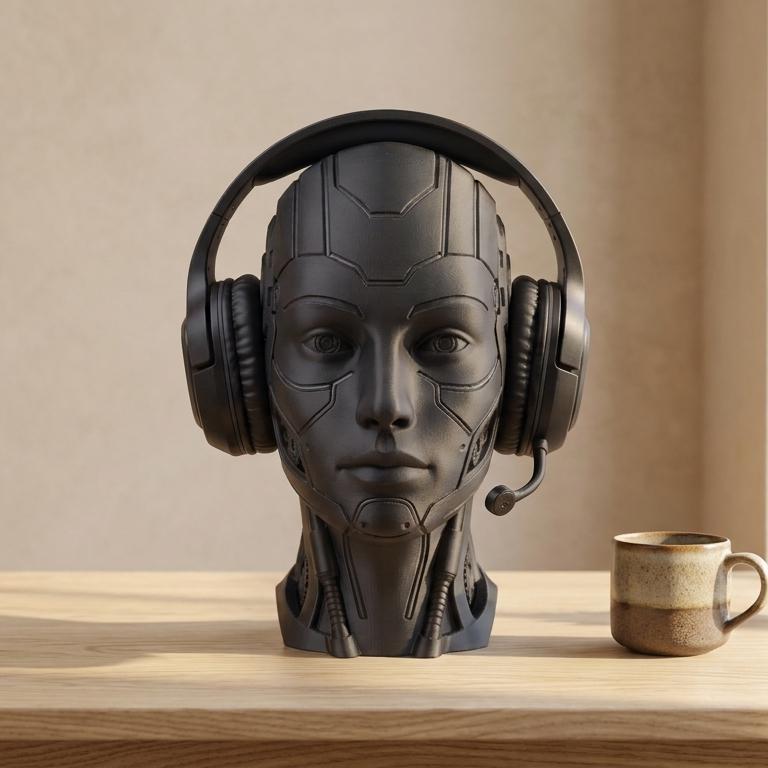 Futuristic Android Headset Holder – Cyberpunk 3D Printed Desk Decor – 3D printed headphone stand detail 2