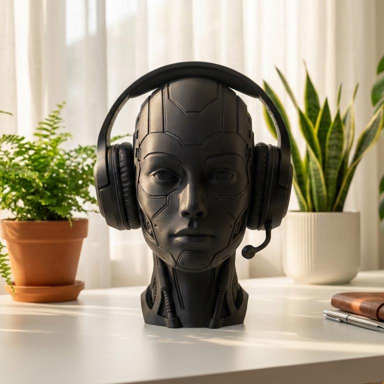 Futuristic Android Headset Holder – Cyberpunk 3D Printed Desk Decor – 3D printed headphone stand detail 7