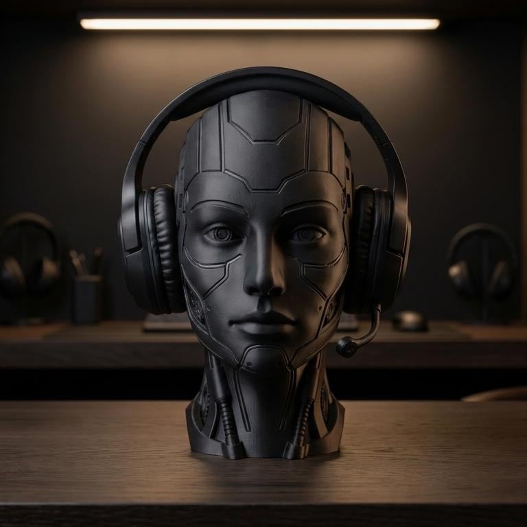 Futuristic Android Headset Holder – Cyberpunk 3D Printed Desk Decor – 3D printed headphone stand detail 9