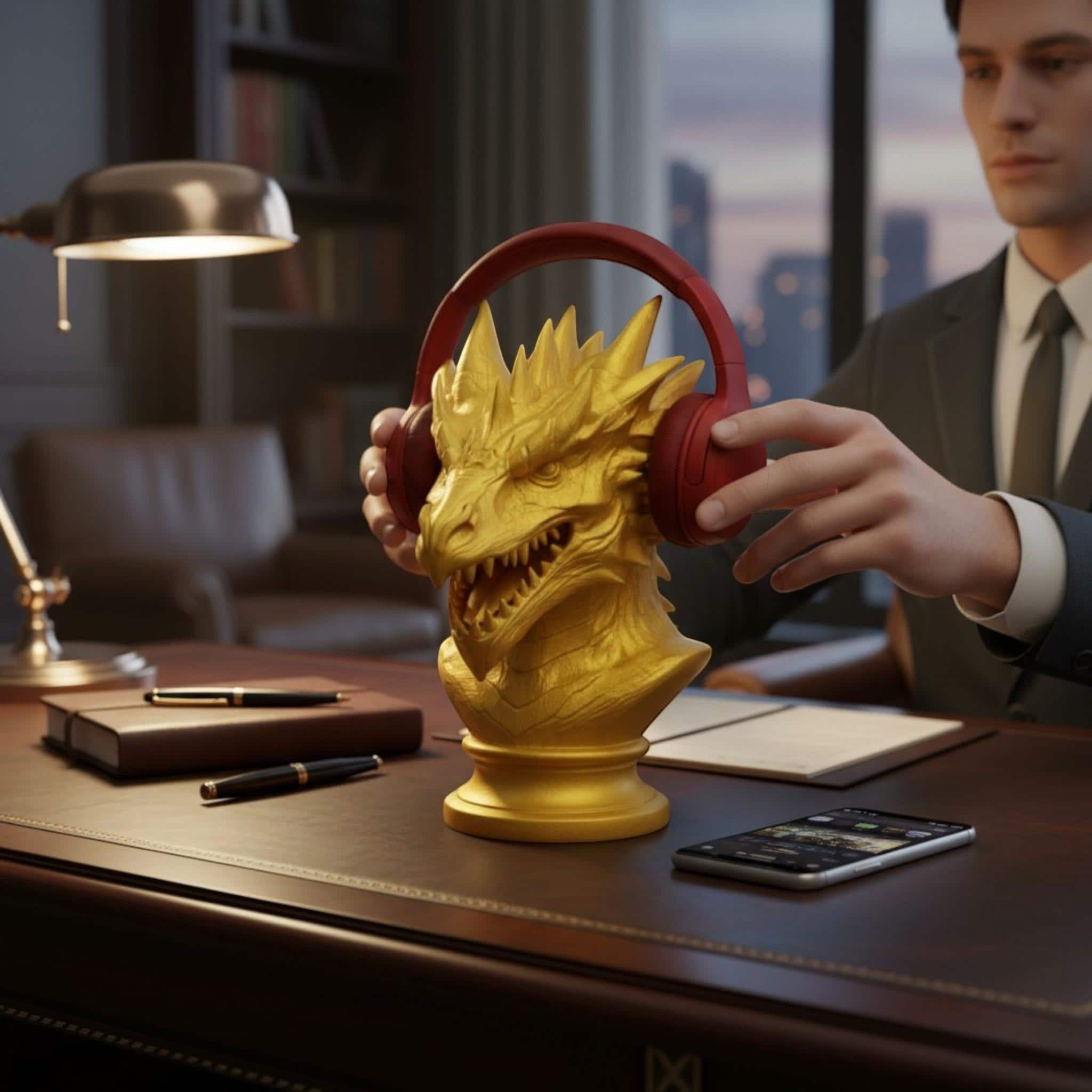 Dragon Bust Headphone Stand – Fantasy Gaming Desk Organizer – 3D printed headphone stand detail 3