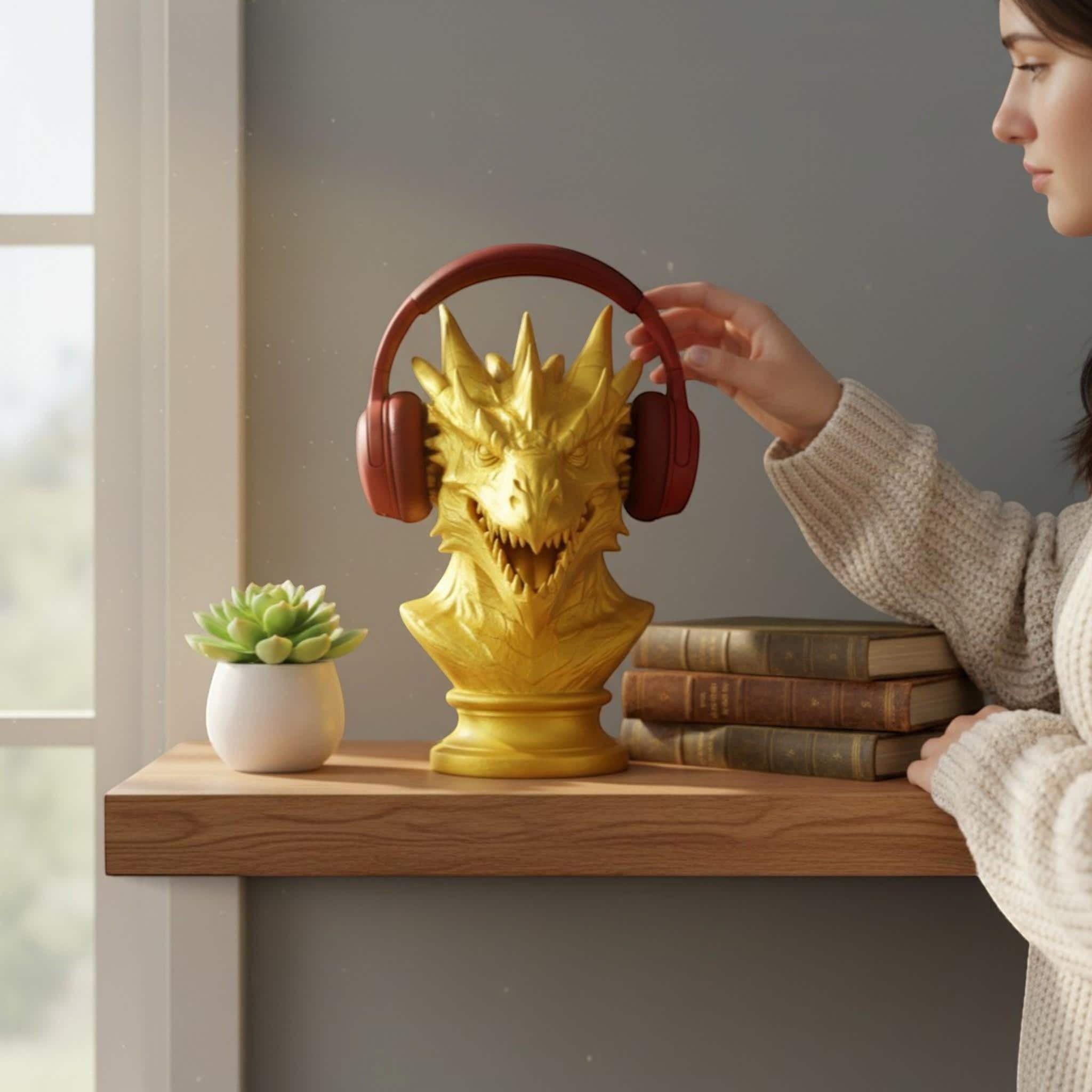 Dragon Bust Headphone Stand – Fantasy Gaming Desk Organizer – 3D printed headphone stand detail 6