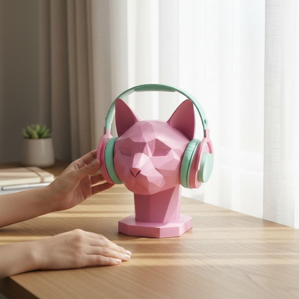Cat Headphone Stand – Low-Poly 3D Printed Desk Decor – 3D printed headphone stand detail 5