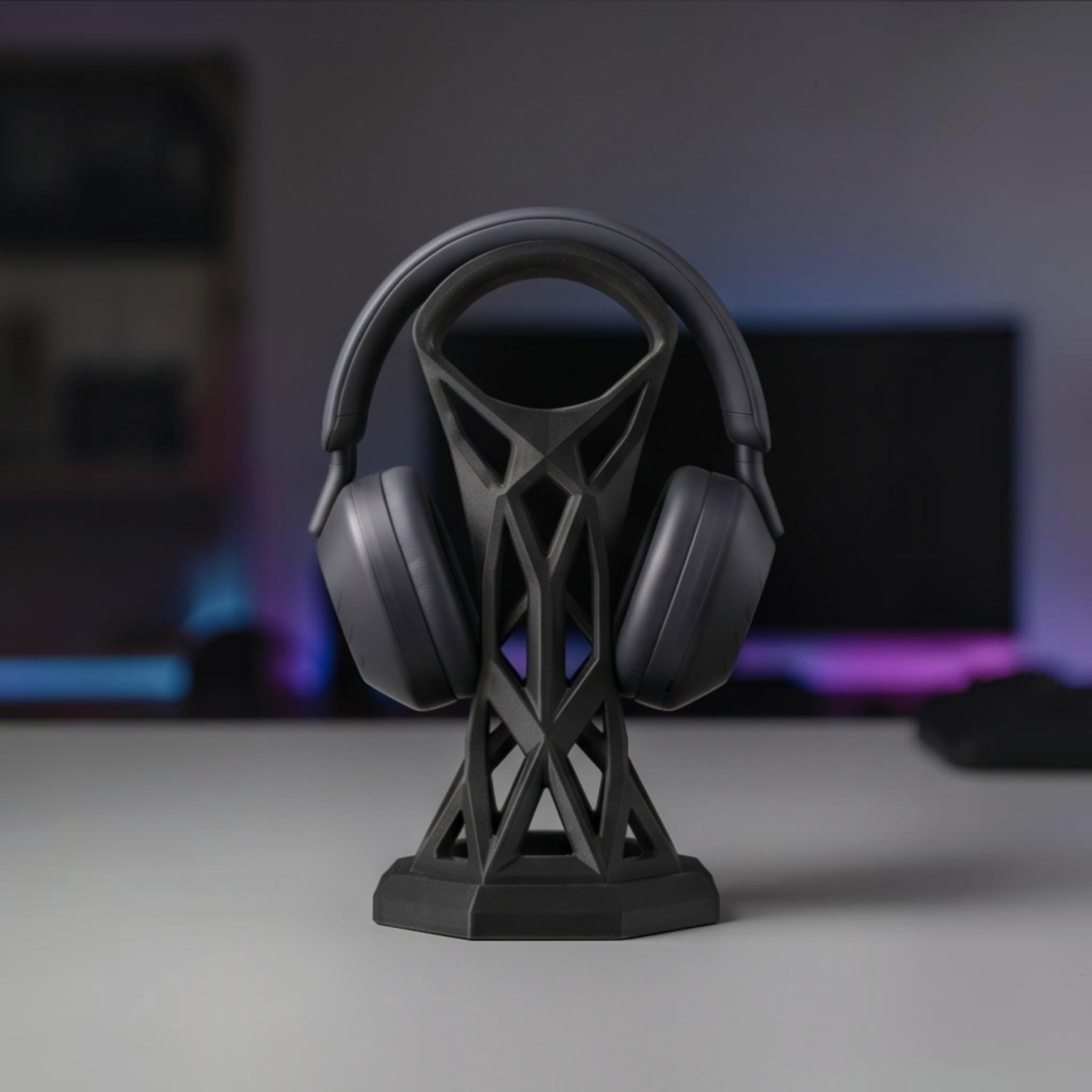 Cage Design Headphone Holder – 3D Printed Black Gaming Desk Stand – 3D printed headphone stand detail 1