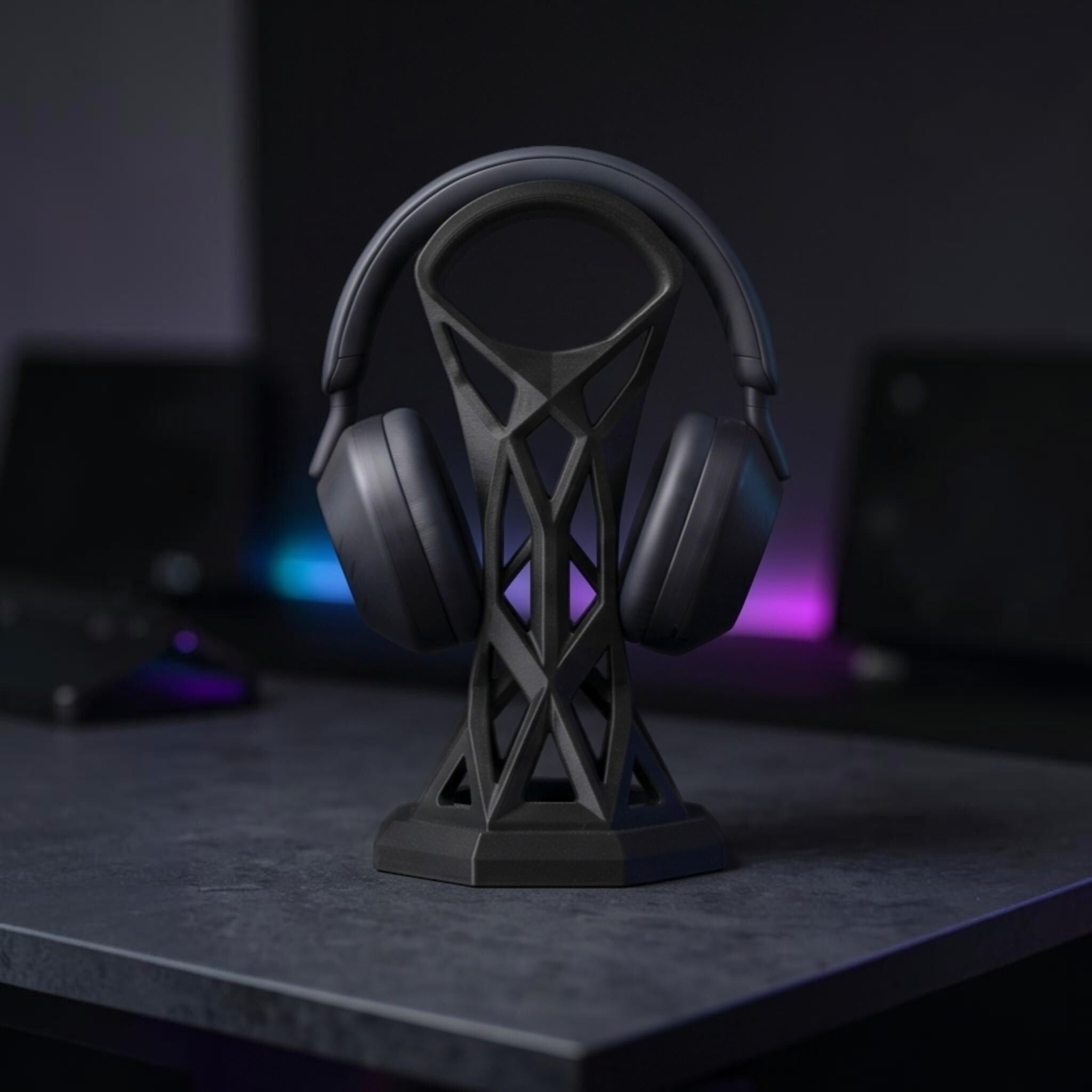 Cage Design Headphone Holder – 3D Printed Black Gaming Desk Stand – 3D printed headphone stand detail 2