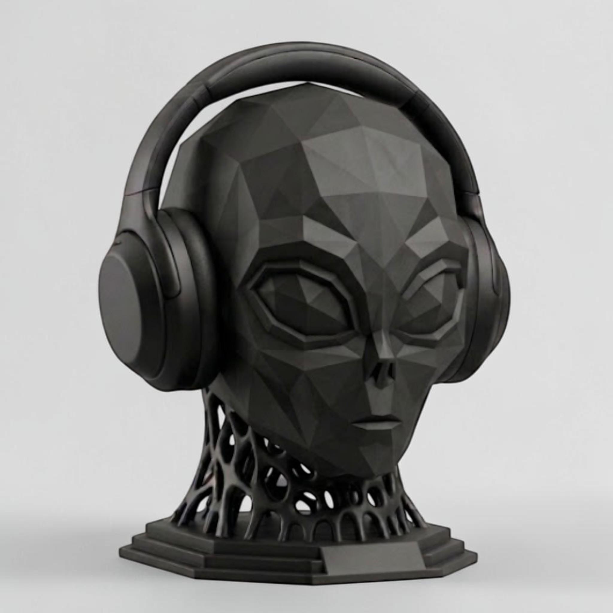 Alien Headphone Stand – Matte Black Extraterrestrial Desk Sculpture – 3D printed headphone stand detail 6