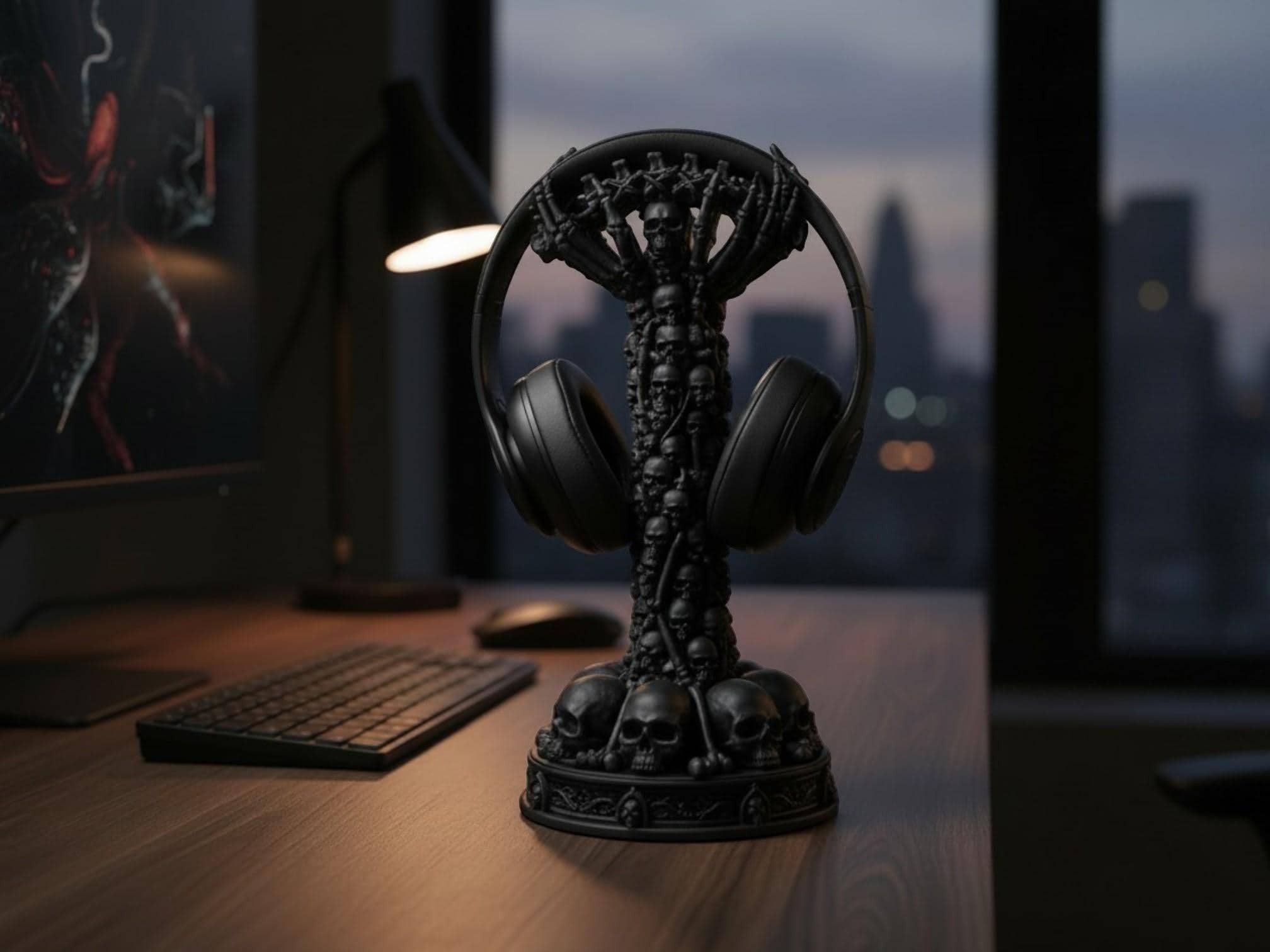 Skull Column Headphone Stand – Gothic Gaming Desk Decor – 3D printed headphone stand detail 1