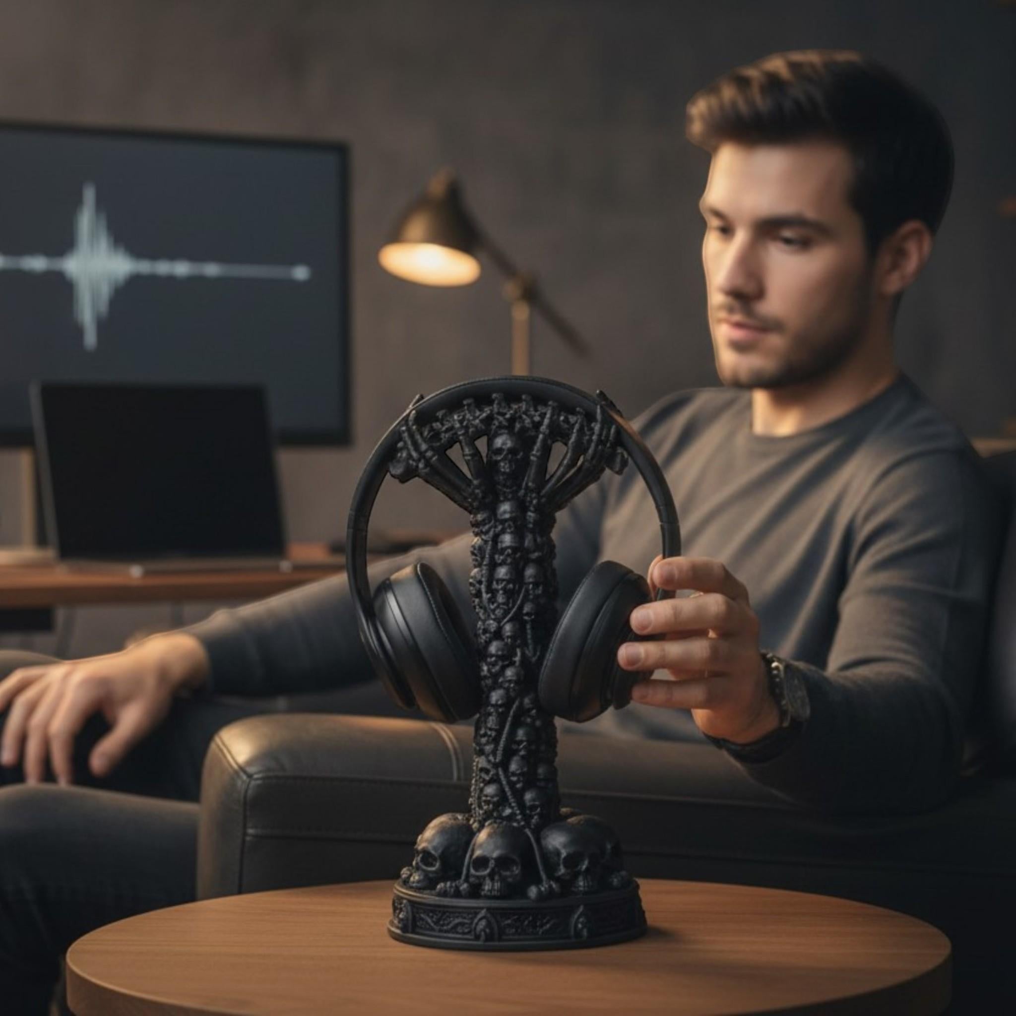 Skull Column Headphone Stand – Gothic Gaming Desk Decor – 3D printed headphone stand detail 2