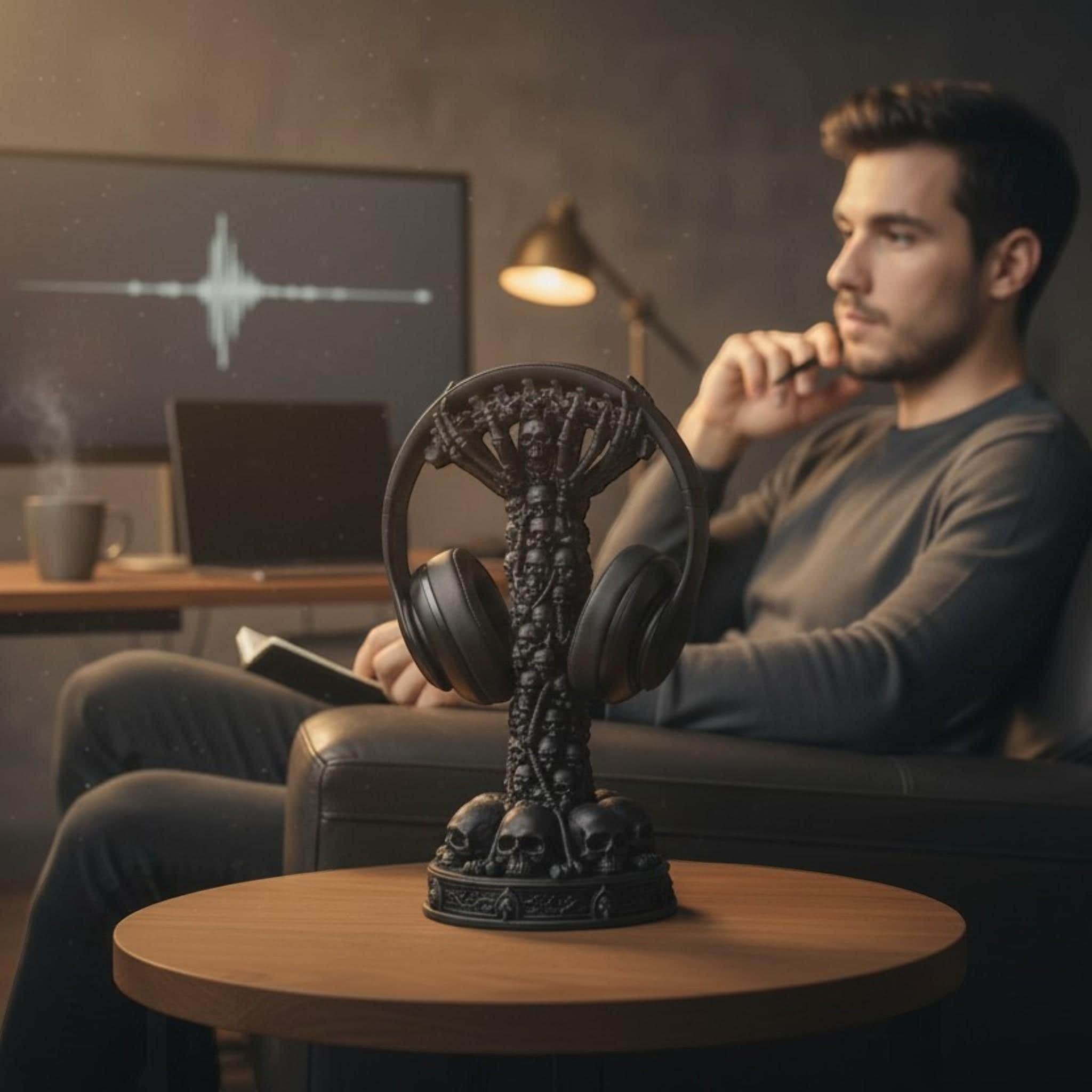 Skull Column Headphone Stand – Gothic Gaming Desk Decor – 3D printed headphone stand detail 13
